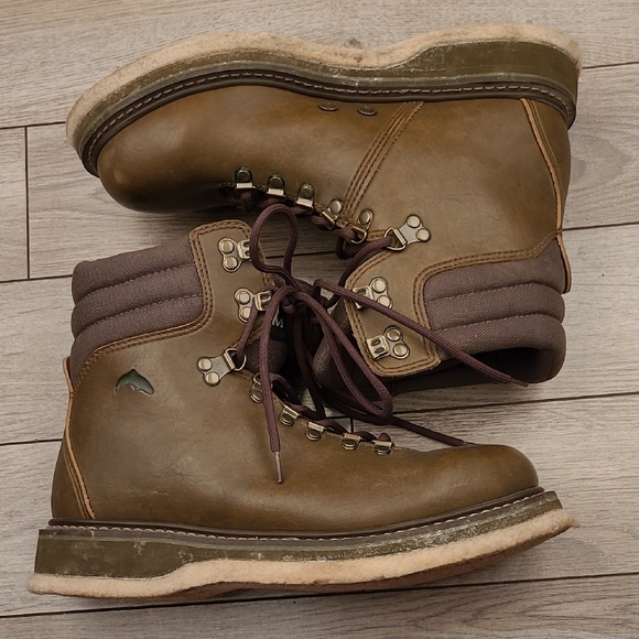 SIMMS Green Brown Leather Felt‎ Sole Sz 10 Mens Outdoors Fishing Wading Boots - Picture 1 of 13